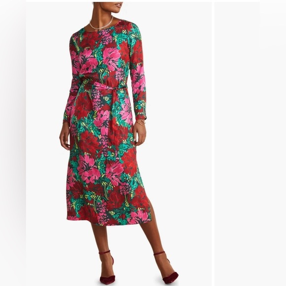 Vineyard Vines Silk Twill Belted Maxi Dress Floral Red Pink Green XL - Picture 2 of 13